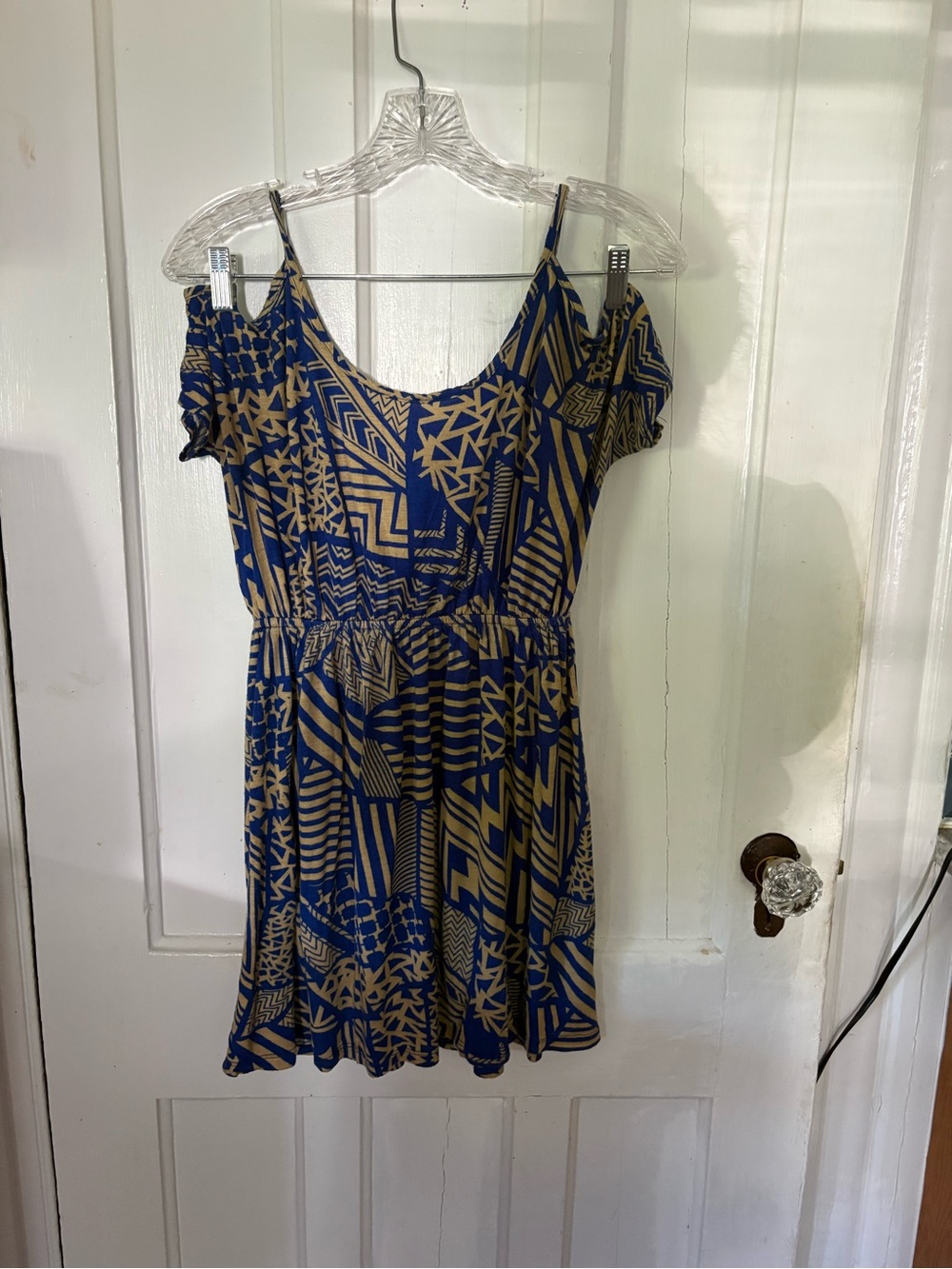 maitai Blue and Tan Geometric Cold-Shoulder Mini Dress